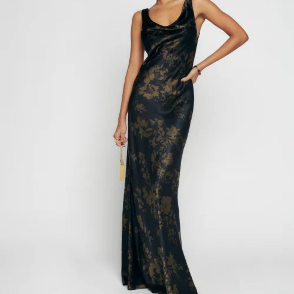 Reformation Annabelle Silk Dress in Night Garden Black Gold Maxi.